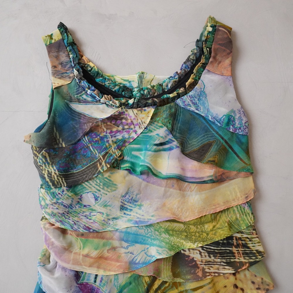 SL Fashions Tiered Ruffle Dress 6P Womens Multi Color Abstract Print Sleeveless - Picture 3 of 7